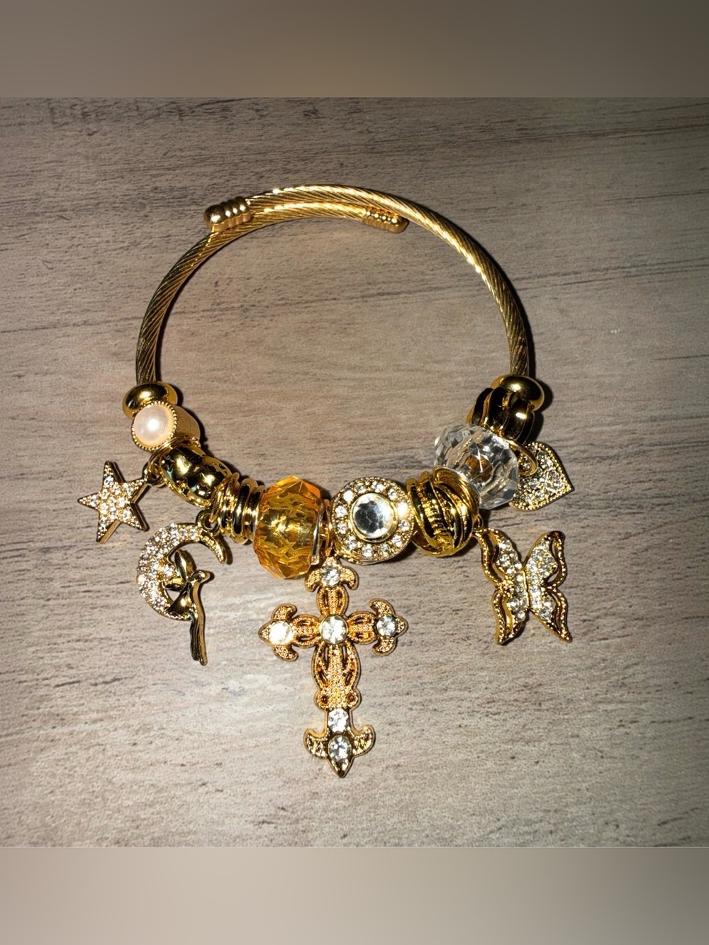 Gold Plated Stainless Steel Charm Bracelet with Cross and Crystal Accents - Gold